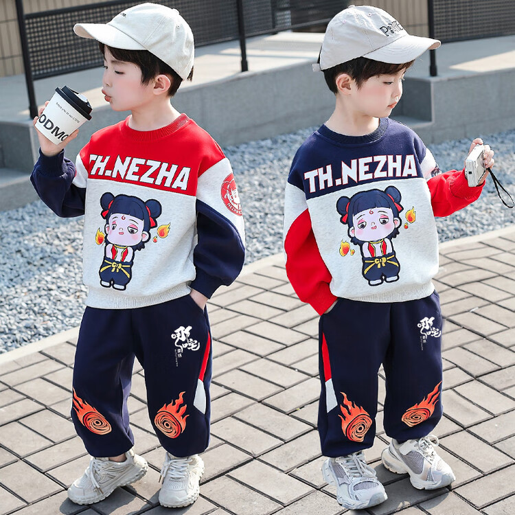 G.duck哪吒衣服男童套装春秋2025新款儿童卫衣两件套痞帅男宝宝时髦裤子 红色哪吒 150 建议身高140cm 12-13岁cm