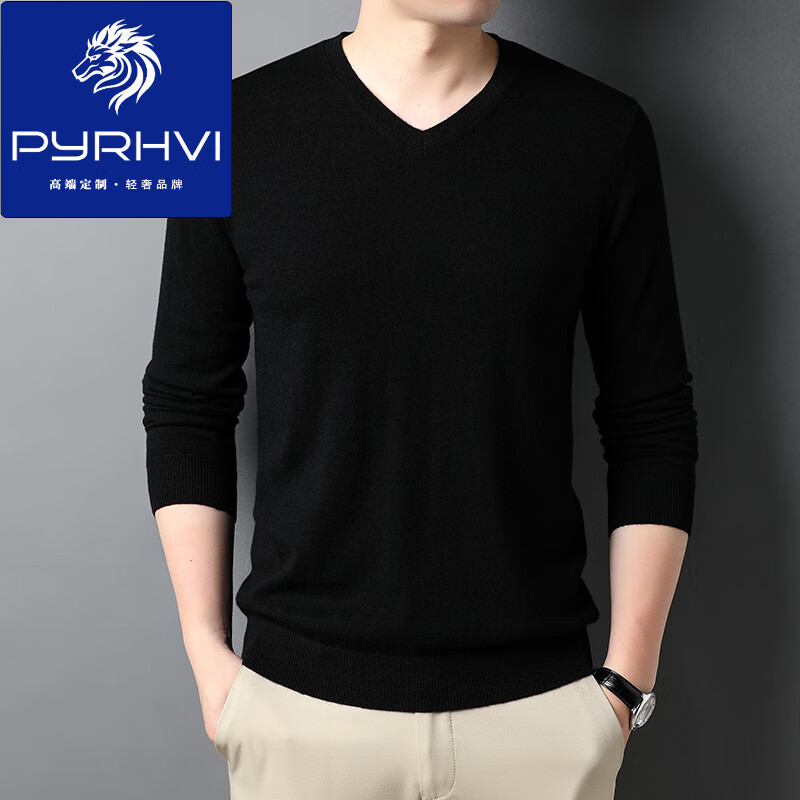 PYRHVI100纯羊毛衫男2025新款秋冬季薄款V领针织毛衣鸡心领中青年打底衫 V领黑色 2XL 180(建议155-175斤穿)