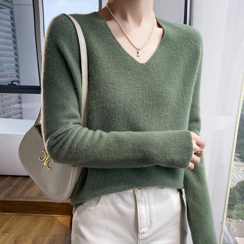 香影芬一线成衣100%羊毛衫女秋冬新款内搭毛衣女加厚V领羊毛针织打底衫 紫绒驼 XL (建议115-125斤)