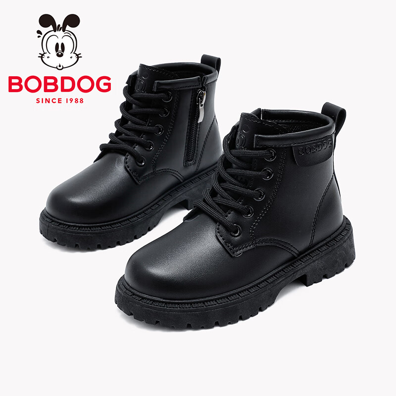巴布豆（BOBDOG）童鞋女童冬季舒适百搭马丁靴中大童休闲二棉鞋2025加绒保暖靴子 黑色 38 适合脚长23.0cm