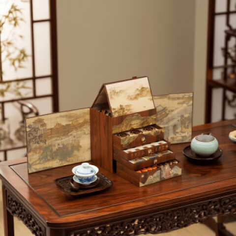 食喜运六大茗茶茉莉花茶普洱熟茶金骏眉大红袍小种红茶节日礼盒装送茶具 千里江山六大茗茶【茶具+礼袋】