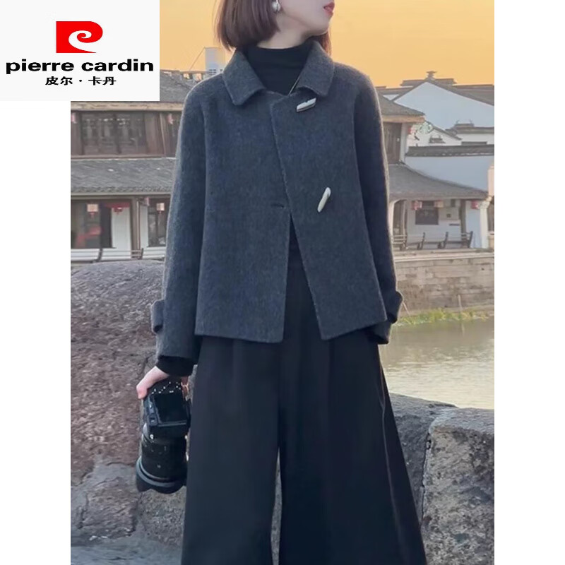 皮尔卡丹(pierre cardin)高端双面羊毛呢大衣女2025春秋新宽松显瘦小个子时尚减龄呢子外套 深灰色 S