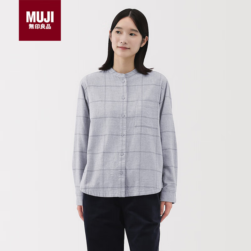 MUJI女式法兰绒立领长袖罩衫女士格子衬衫衬衣女装冬季 浅灰色格纹 S