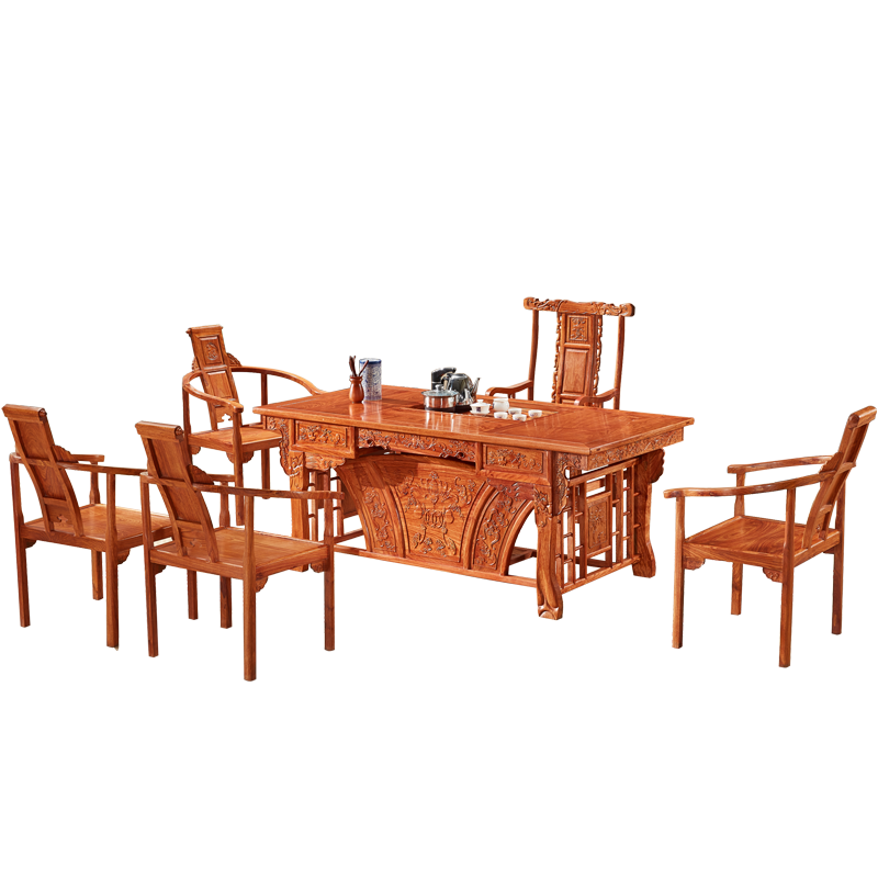 皇印 红木家具非洲花梨(学名刺猬紫檀)茶桌实木茶几功夫茶台茶桌椅组合中式家具2123虎脚 茶桌1.98米1主4文福椅组合