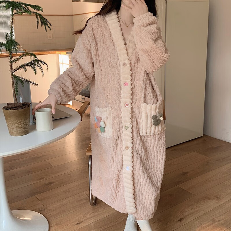 俞兆林珊瑚绒睡衣女秋冬新款可外穿甜美风开衫家居服加绒加厚保暖两件套 可爱粉 【加厚长款睡袍】 均码 【适合80-140斤】