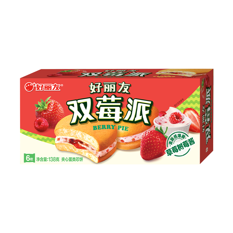 好丽友（ORION）派 巧克力派营养早餐面包代餐蛋糕点心 办公室下午茶休闲聚会零食 双莓派【6枚】138g*1盒
