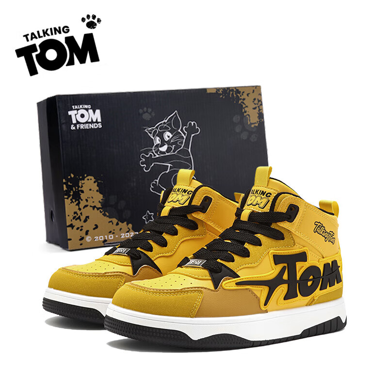 会说话的汤姆猫鞋子男女款秋季高帮板鞋青少年日常休闲百搭潮鞋 电母黄 41