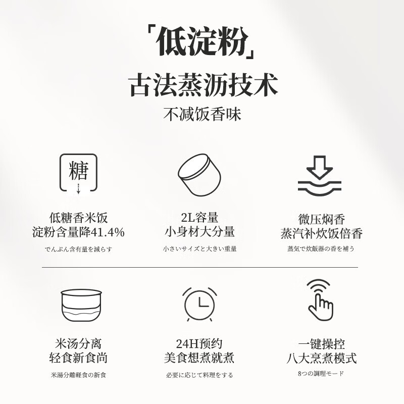 石崎成器日本 低糖电饭煲 降淀粉糖饭煲 电饭锅 米汤分离沥米饭微压1-2-3-4人家用2L多功能迷你不粘陶瓷钛 【旗舰款降淀粉含量41.4%】米汤分离 2L