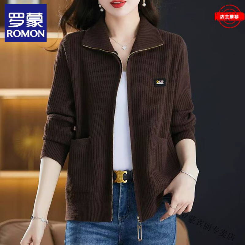 罗蒙（ROMON）羊毛衫针织毛衣开衫女秋冬新款宽松加厚翻领拉链外穿羊毛绒外套 100%纯羊毛-咖啡色-女装十大品牌 S 80-95斤