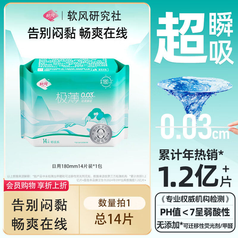 软风研究社【任选9件】医护级有机纯棉卫生巾日夜用超薄经期防漏姨妈巾组合 【迷你巾】迷你巾180mm14片
