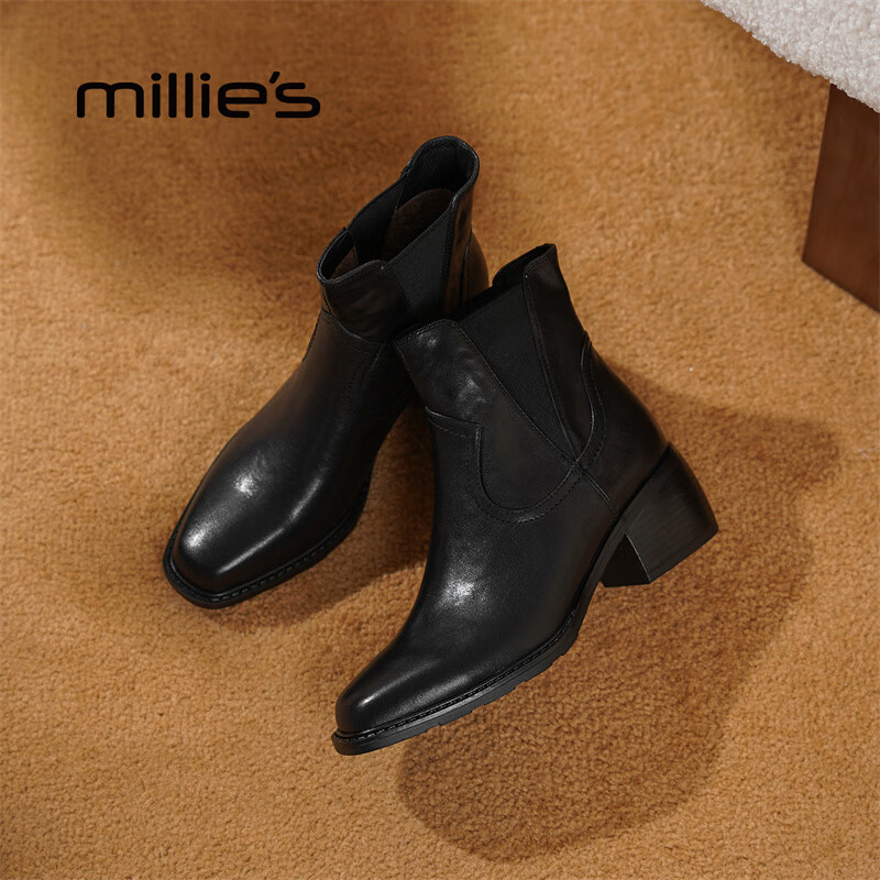 妙丽短靴女粗跟时尚轻便潮流烟筒靴2025冬季新款百搭通勤时装靴 黑色 39 (245mm) 标准码