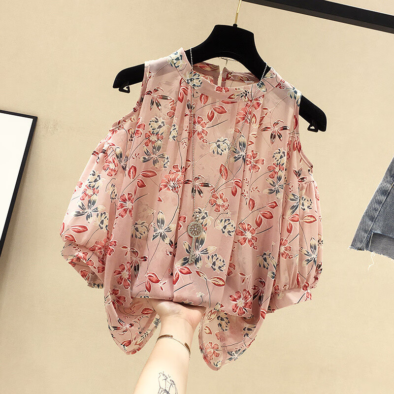 【现货现发】胖妹妹夏季短袖雪纺衬衫碎花露肩上衣显瘦遮肚子洋气 蓝色 M 80-105斤