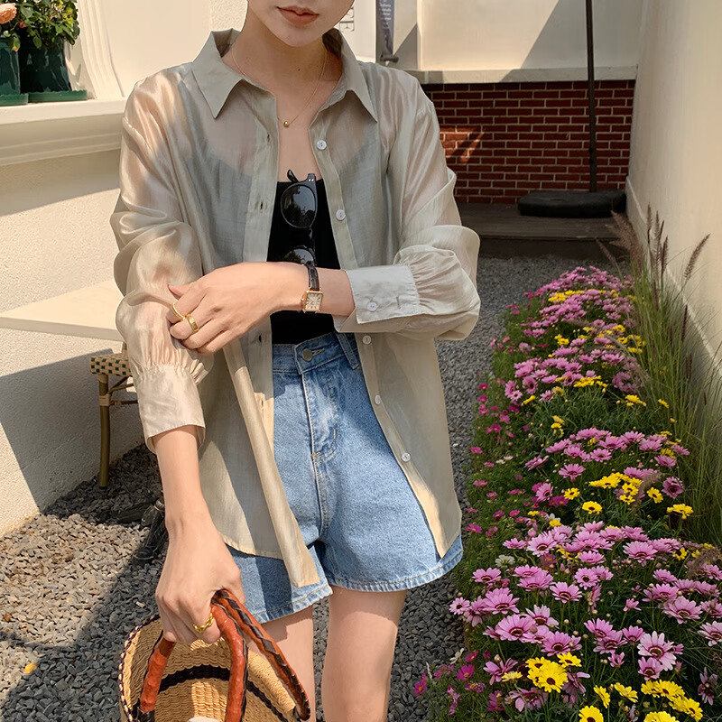 YX春夏季长袖休闲空调衬衫女慵懒风宽松小个子开衫衬衣外穿防晒衣 云蓝 L (110-140斤)