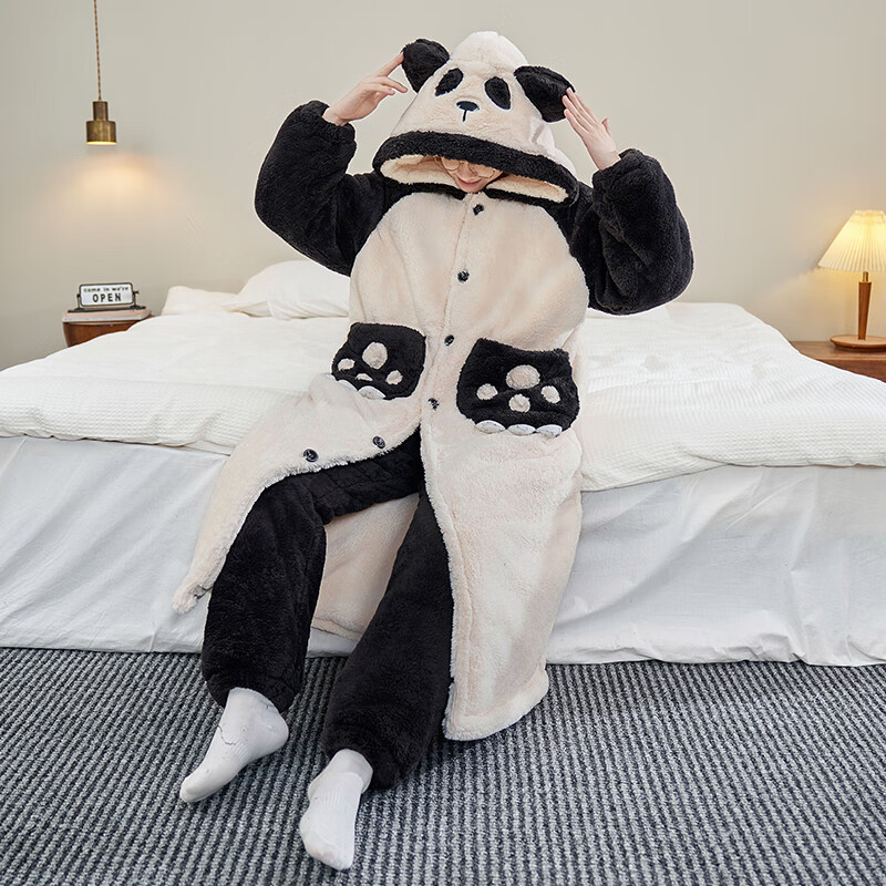 萧淑妃加厚保暖连帽法兰绒男士睡袍冬ins卡通学生珊瑚绒睡衣家居服套装 熊猫竹叶 2XL