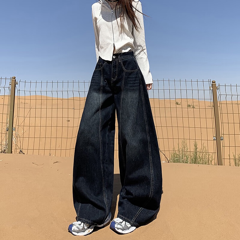 帅西欧美式复古直筒阔腿牛仔裤女2025秋季宽松高腰显瘦休闲长裤 蓝灰色 加长 2XL 【130斤-146斤】