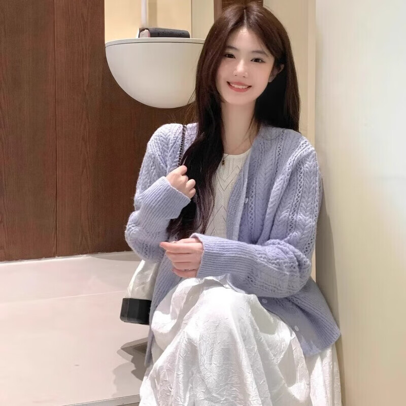 俞兆林紫色针织开衫外套女春秋季新款宽松慵懒风毛衣温柔甜美风短款上衣 浅紫色 【减龄显瘦百搭】 均码 【推荐80-140斤】