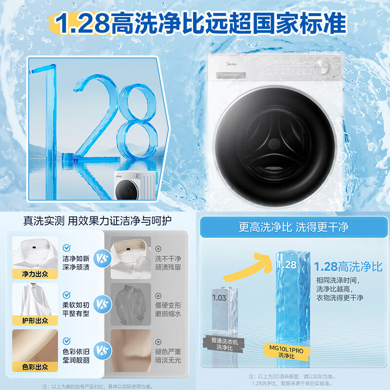 美的（Midea）滚筒洗衣机全自动 10公斤家用 纯平自由嵌入精华洗 智能投放 快净2.0科技  除菌除螨洗衣机  白色1.28洗净比丨L1PRO