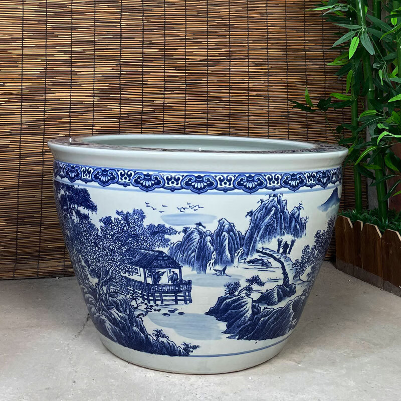 万益宏景德镇青花瓷大口径陶瓷鱼缸睡莲荷花盆缸室外大号特大号庭院水缸 直径65高43厘米