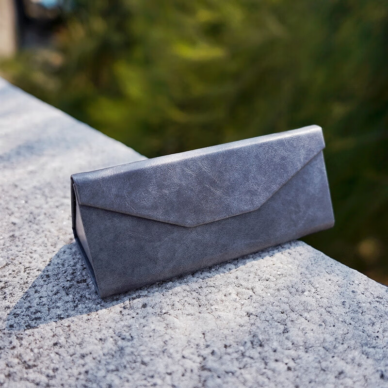 MINCITY折疊三角手工眼鏡盒墨鏡盒鏡便攜款牛皮紋太陽(yáng)鏡盒眼鏡收納盒 遠(yuǎn)山灰_送眼鏡布