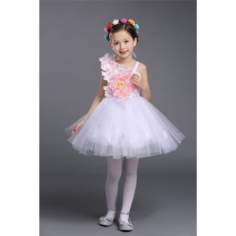 兰伶坊六一儿童舞蹈演出服男女童合唱礼服幼儿园花朵公主蓬蓬纱裙表演服 白色_大花朵公主裙 100 cm