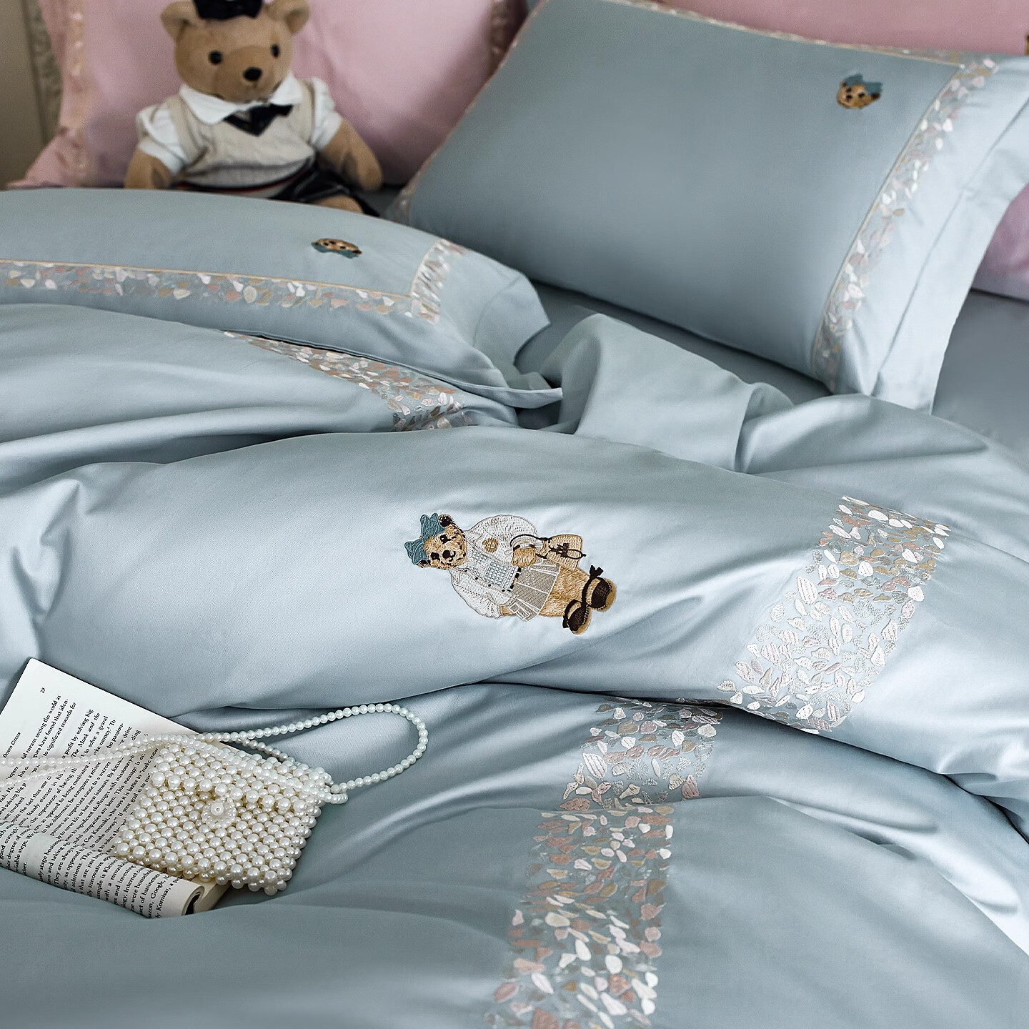 Teenie Weenie小熊新款法式轻奢高级四件套全棉纯棉床单被套高支高密床上套件 朵漫-天空蓝 2.0m 床单款 （被套220*240cm）