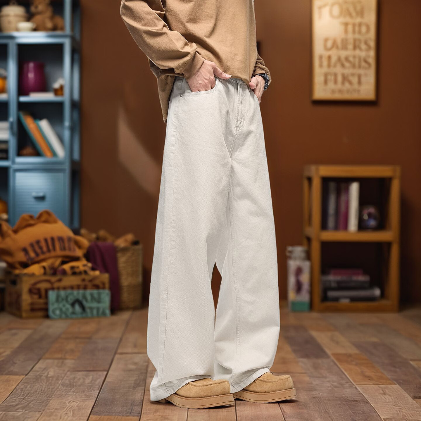 美式高端白色牛仔裤男宽松直筒阔脚长裤2026春夏新款拖地高街裤子 米色 8630 31 建议141-155斤