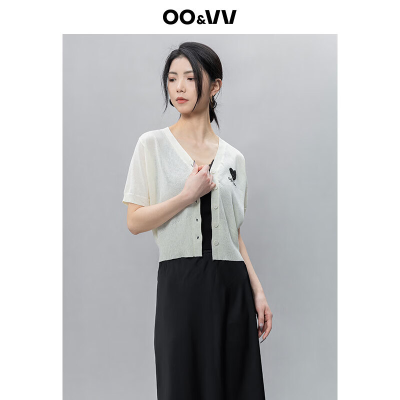 OO&VV爱心刺绣天丝短袖衬衫女2025夏季新款宽松休闲百搭针织上衣 香草米 L