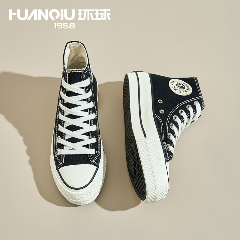 环球女鞋帆布鞋女鞋高帮2025新款夏季透气轻便学生小白鞋低帮黑色板鞋 经典黑色-高帮 38