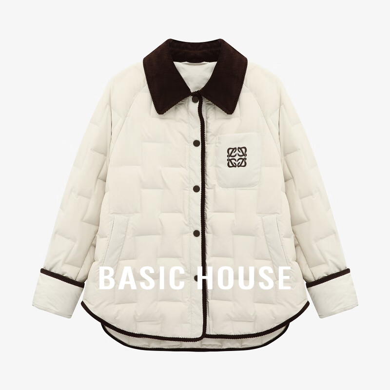 Basic House/百家好纯色翻领气质感冬季新款轻薄纽扣长袖羽绒服女 米色 M