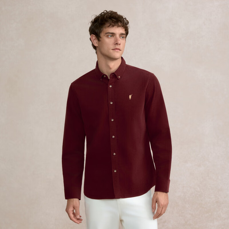 POLOWALK男装2025秋季新品男式长袖衬衫休闲通勤百搭男士开衫上衣 枣红 M