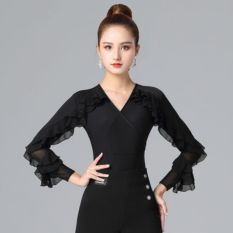 丹寶羅（Doubl）跳舞上衣新款黑色摩登舞練舞服V領(lǐng)舞蹈女功 國(guó)標(biāo)舞拉丁舞服 V領(lǐng)荷葉饒手臂連體衣(黑色) S