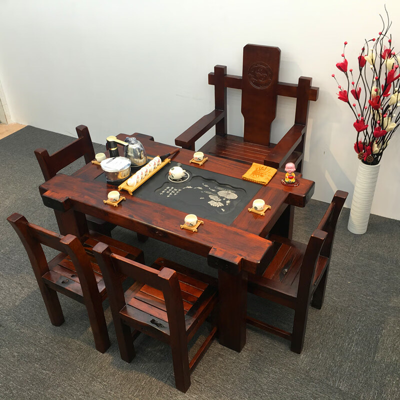 古越龍騰老船木茶桌椅桌組合1米8實(shí)木功夫茶臺(tái)茶幾泡茶茶具 1.2米茶桌+4靠椅+草龍主椅村鎮(zhèn)