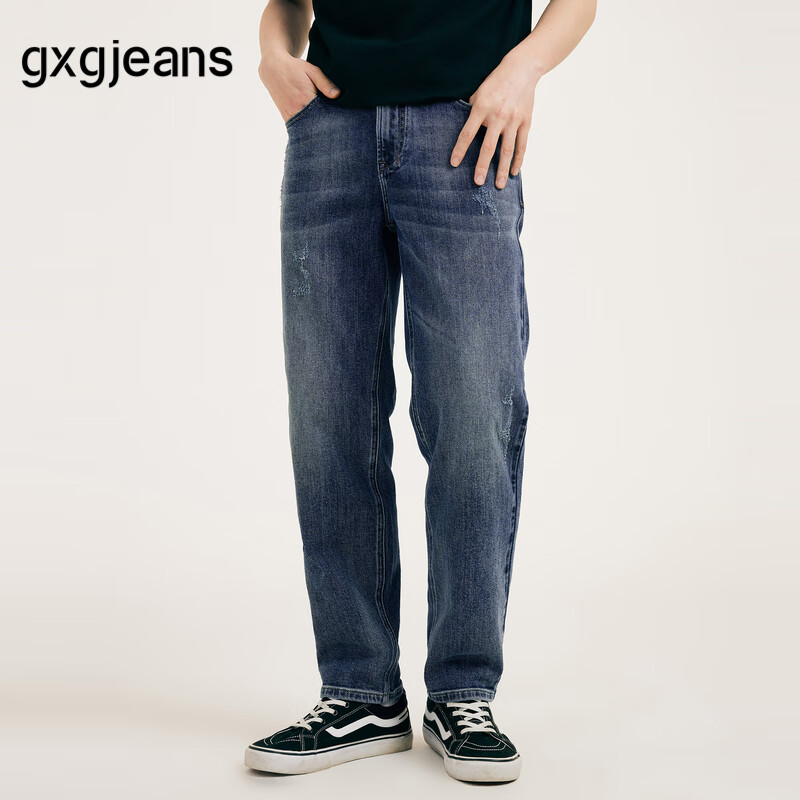 gxg.jeans男装牛仔裤秋季磨破做旧设计复古休闲水洗直筒长裤子 牛仔蓝-常规款-Y 3XL (190) -34码