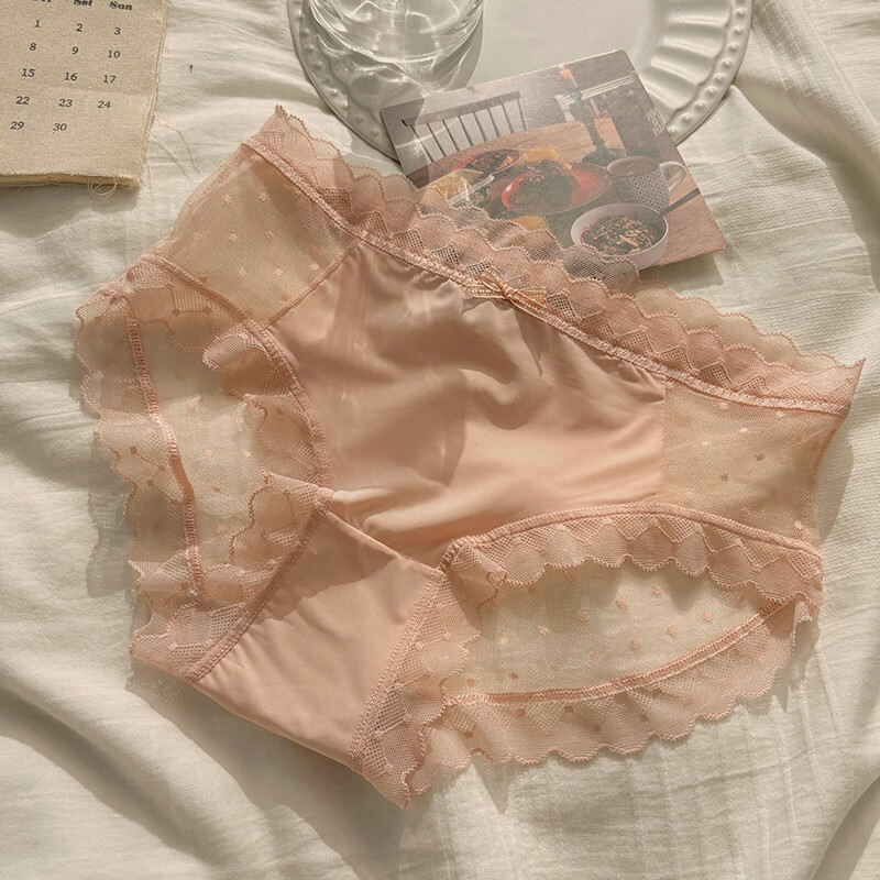 稚蝶蕾丝纯欲风网纱中腰纯棉裆三角内裤法式性感透明超薄女士内裤 混色 随机 3条 L 【95-125斤】