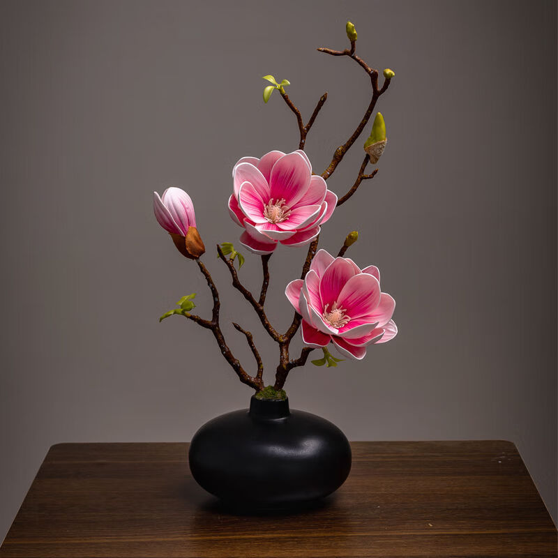 OYKTN仿真玉兰花新中式茶桌仿真花餐桌客厅摆件酒柜电视柜陶瓷花瓶装饰 粉色玉兰-不含瓶 1支