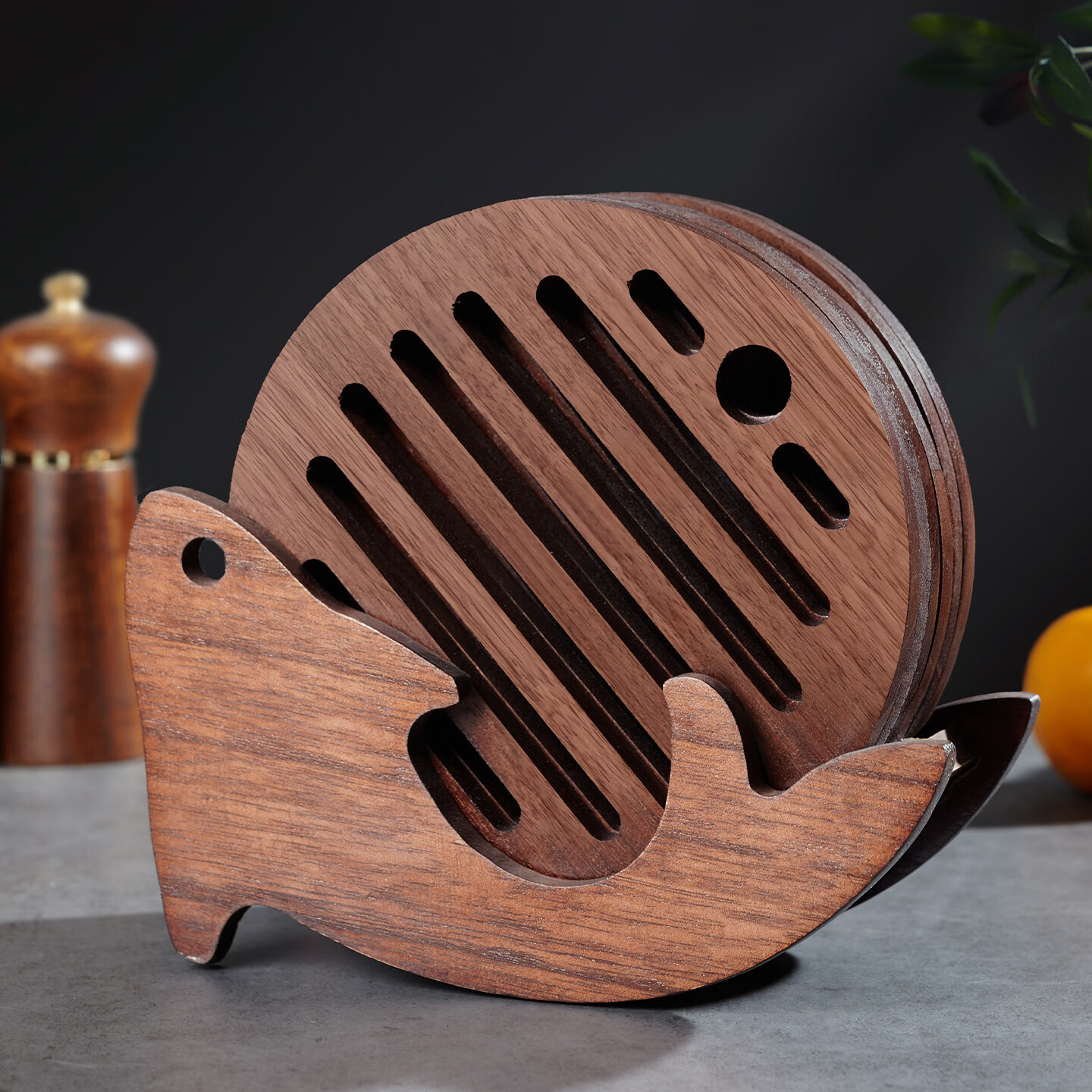 美杜中式隔熱墊家用創(chuàng)意餐墊套裝木質餐桌防燙鍋墊砂鍋墊子碗盤墊杯墊 【7件套】餐墊*6+小魚收納架