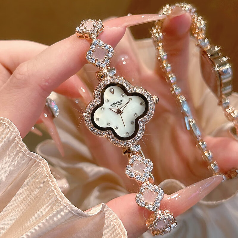 冠琴（GUANQIN）四叶草女士手表学生手链女表轻奢小众高级感手表女新年礼物送女友 玫白钢带/免费刻字/礼盒包装