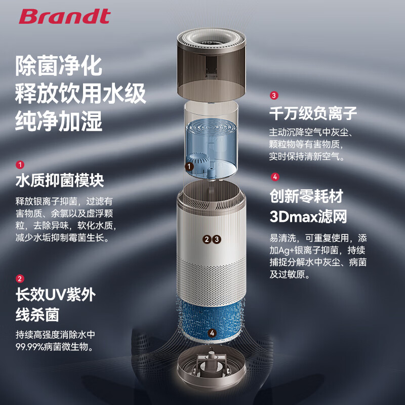 白朗（Brandt）无雾加湿器母婴级卧室空气净化一体机大容量家用除菌静音落地式冷蒸发办公室客厅大面积增湿 2025年新款J10【基础款】