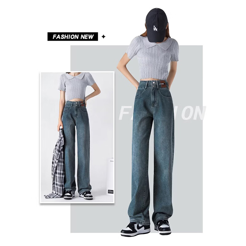 浪莎牛仔裤女2025秋季新款复古高腰显瘦宽松阔腿裤子小个子休闲直筒裤 怀旧蓝 【高腰双扣款】 L 【推荐110-120斤】