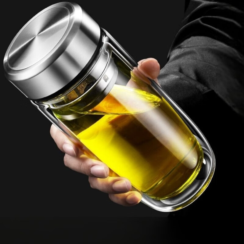 摔不烂钢化玻璃杯双层中空钢化玻璃杯摔不烂的保温水杯 400ML皮纹棕【弧度杯身双层加厚】