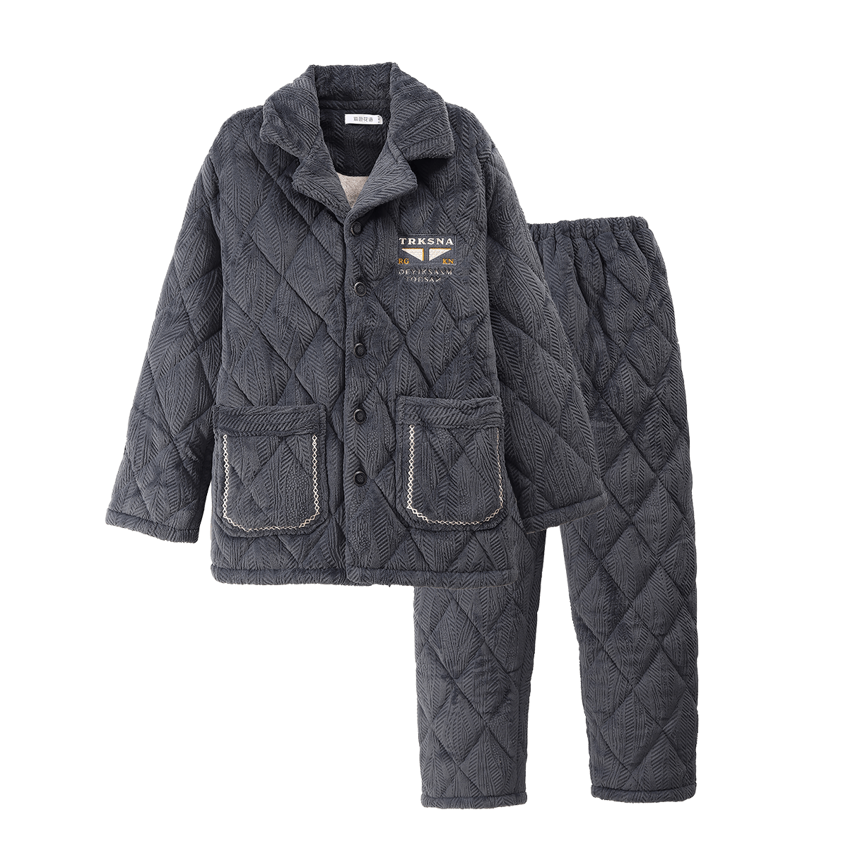 紫色花语【夹棉加绒加厚】冬季高端男士睡衣珊瑚绒法兰绒保暖家居服灰XL