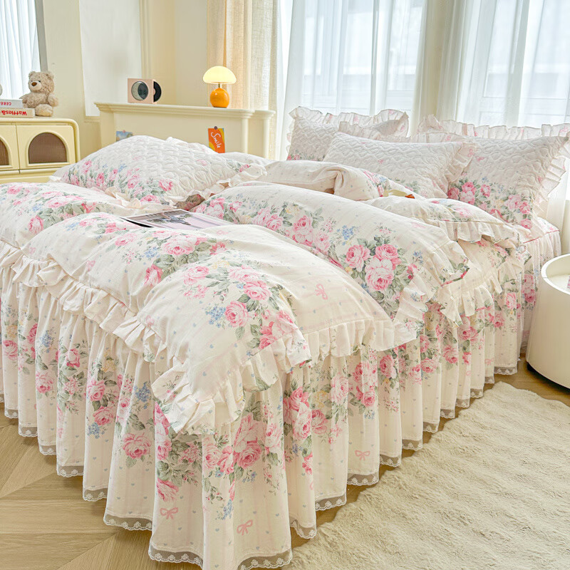 诸禄田园风小碎花全棉床围裙四件套高端轻奢夹棉床罩防滑花边被套四季 亚瑟花园 床裙款 2.0*2.2四件套-被套2*2.3