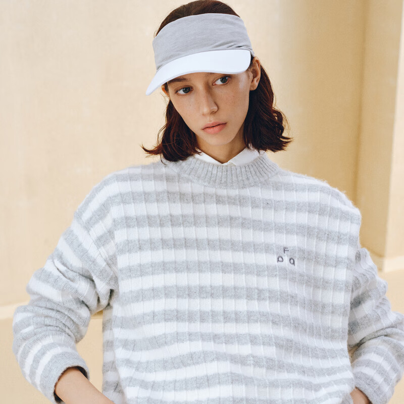 FPA条纹圆领毛衣 春秋季套头撞色休闲复古内搭高级情侣线衣针织衫 浅灰色 M