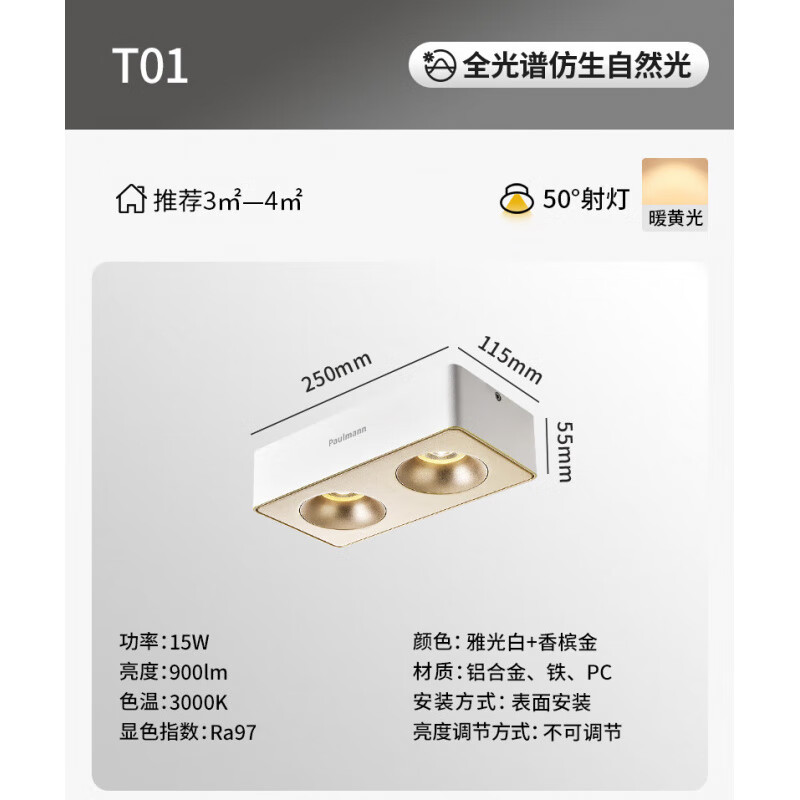 Paulmann P新品德國柏曼護(hù)眼防眩斗膽燈全光譜吸頂無主燈照明筒燈具 雙燈暖黃光＜50°_明裝