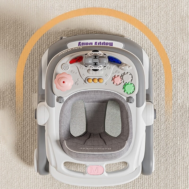 顽皮熊婴儿学步车多功能助步车宝宝学走路可手推坐可折叠助步车 浅灰色+老虎玩具盘+脚垫+推把