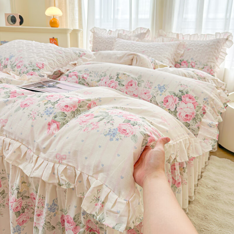 诸禄田园风小碎花全棉床围裙四件套高端轻奢夹棉床罩防滑花边被套四季 亚瑟花园 床裙款 2.0*2.2四件套-被套2*2.3