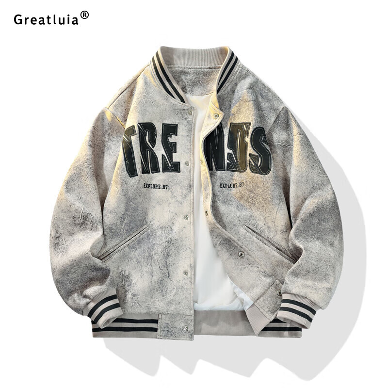 GREATLUIA美式复古麂皮绒棒球服春秋季新款宽松百搭休闲字母印花潮流外套男 米灰 2XL 京东折扣/优惠券