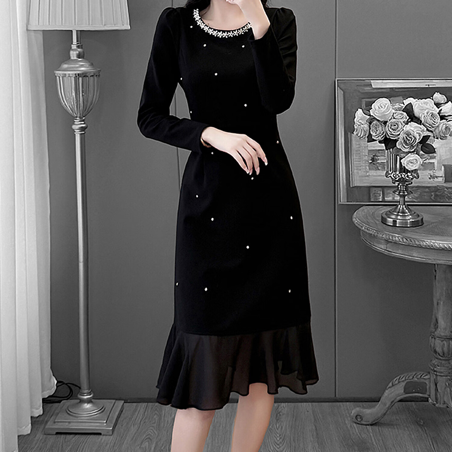 mapping玛品香港港轻奢女装新款时尚气质减龄钉钻雪纺鱼尾连衣裙 黑色