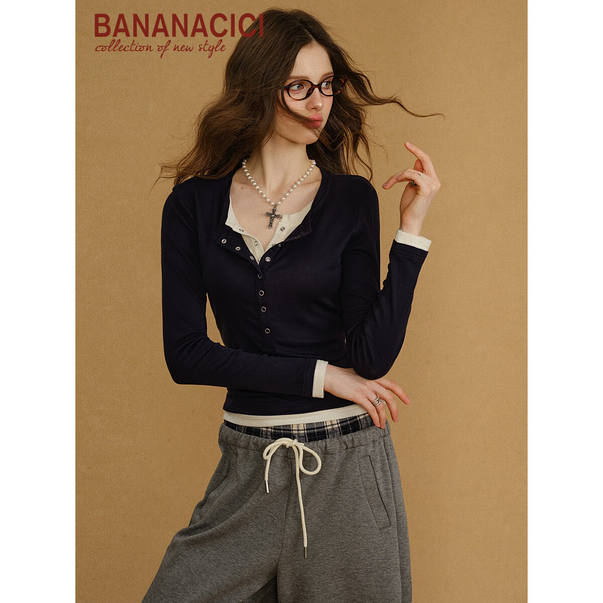 banana cici2025年秋季新款亨利领舒弹叠穿假两件撞色长袖T恤C2F3TX089 深蓝 S