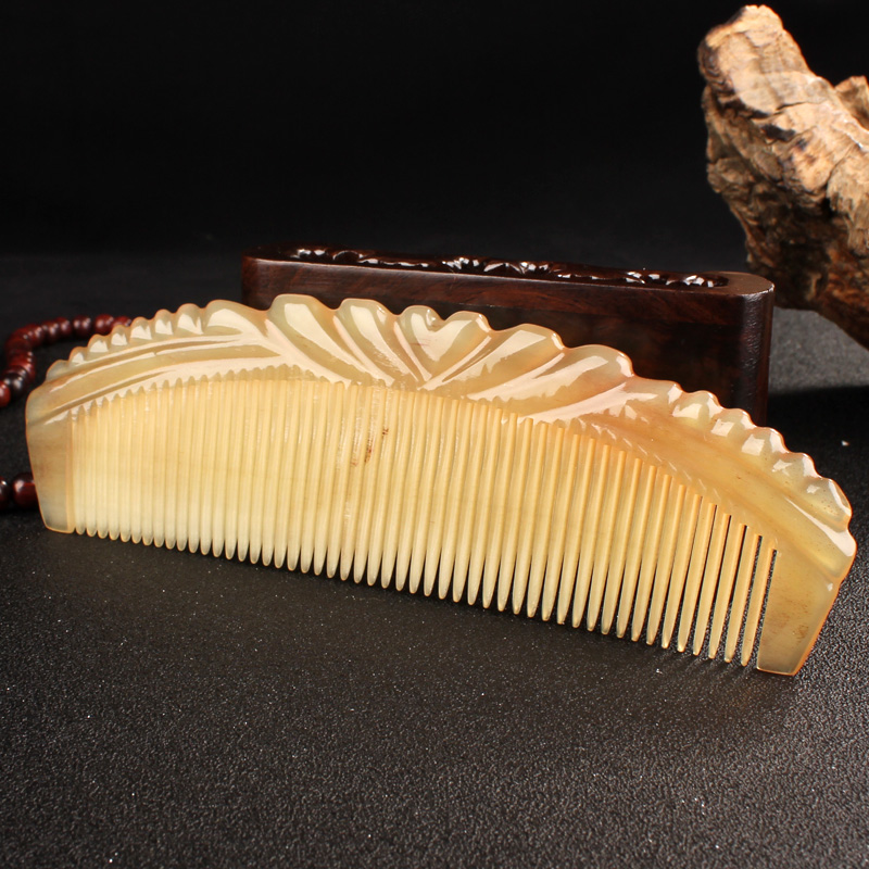 牧韵 梳子女密齿黄牛角梳 卷发直发短发都可以用 精美手工雕花 牛角